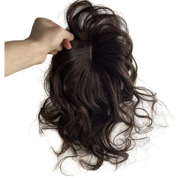 10x12 см Шоколадно-коричневый топпер из человеческих волос для женщин, 14-дюймовые натуральные вьющиеся волнистые зажимы в накладке для наращивания шинели, Седые мягкие волосы