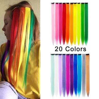 20 шт. / Упак. Цветные Синтетические наращенные волосы Rainbow 22-дюймовые Прямые шиньоны для женщин, детей, девочек, Фиолетовый, Розовый, синий