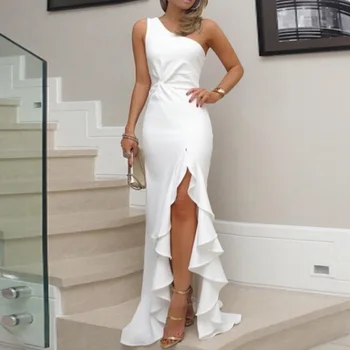 2023 Женские белые платья Макси, сексуальное длинное платье с разрезом на плечах, рюшами и высоким разрезом, Свадебное вечернее платье для вечеринки, халат