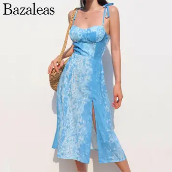 2023 Женские платья Bazaleas Store Traf Элегантное летнее женское платье миди с разрезом синего цвета с цветочным принтом для вечеринки Tie Dye Официальный