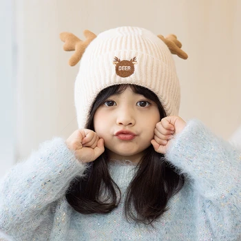 2023 Новые зимние детские шапки с рогом Оленя, утепленная теплая защита ушей, акриловые вязаные Мягкие милые детские шапочки-бини для мальчиков и девочек