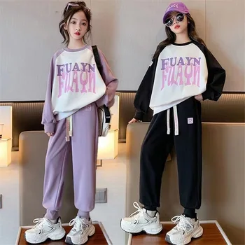 2023 Осенне-весенняя одежда для девочек Детский комплект Фиолетово-черные Спортивные комплекты Корейский комплект одежды Толстовка с длинным рукавом для подростков от 6 до 14 лет