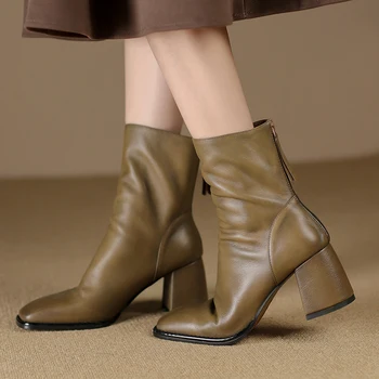 2023 Осенне-зимние женские ботинки; женская обувь на высоком каблуке с квадратным носком; кожаные ботинки ручной работы из натуральной кожи; Натуральная кожа;