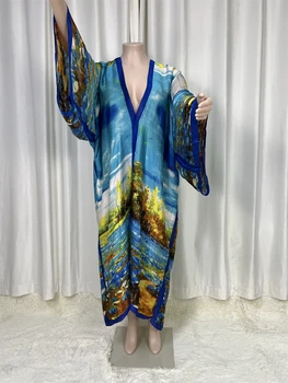 2024Saudi Arabia's Свободное Макси-платье С Летним Принтом, Шелковый Пляжный Богемный Халат, Африканский Кафтан, Купальник С Рукавом 