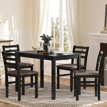 5 шт. Стильный обеденный стол, 4 мягких стула с лестничной спинкой для столовой кухни, коричневая подушка и черный