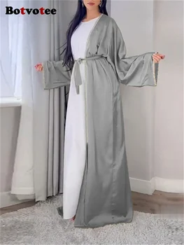Botvotee Однотонное мусульманское платье для женщин 2023, Новая мода, Свободное повседневное платье на шнуровке с длинным рукавом и круглым вырезом, Винтажное элегантное платье