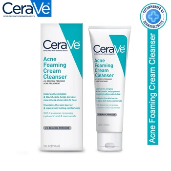 CeraVe Пенящийся крем для умывания от прыщей, средство для умывания от прыщей, Отбеливающее очищающее средство против акне, освежающий контроль жирности, восстанавливающий уход за кожей