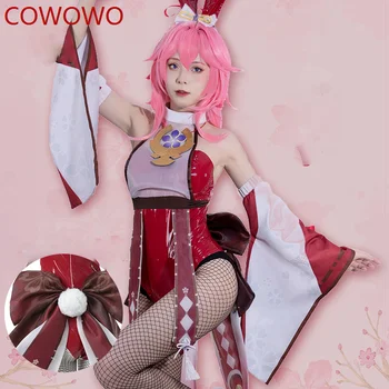 COWOWO Game Genshin Impact Косплей Яэ Мико Комплект для косплея Sexy Red Cosplays Костюм кролика для девочек Комбинезон Cos Аниме Одежда