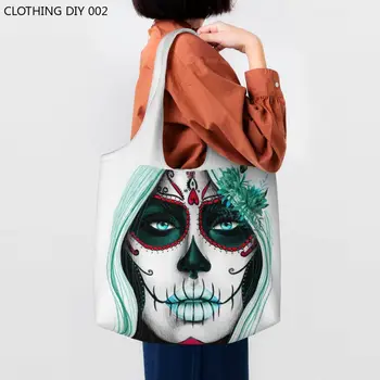 Day Of The Dead Sugar Skull Girl Shopping Tote Bag Многоразовая Сумка Ужасов в Мексиканском стиле Calavera Catrina Grocery, Холщовая Сумка Для покупок Через плечо