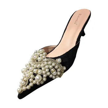 Deonte/ Женские полуботинки-шлепанцы на шпильке с острым носком и жемчугом большого размера, украшенные стразами, женские туфли-шлепанцы для женщин, женская обувь, свадебная обувь