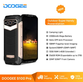 DOOGEE S100 Pro Прочный Телефон 12 ГБ + 256 ГБ Helio G99 6 нм 6,58 Дисплей Мобильного телефона 108 Мп Основная Камера 22000 мАч Кемпинг Легкий Смартфон