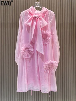 [EWQ] Женское Модное платье в стиле Пэчворк с 3D цветами, Повседневное Платье с пышными рукавами и бантом, Свободные Розовые платья, Новинка осени 2023 года, Vestido 16O408