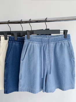 FTLZZ Новые летние женские модные джинсовые шорты с завязками, женские повседневные эластичные прямые шорты с высокой талией.