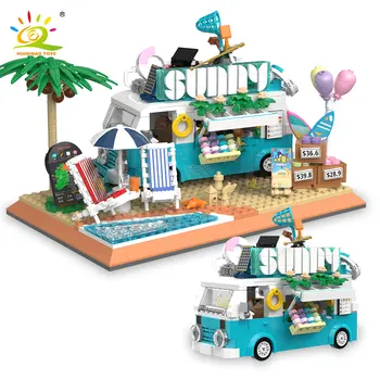 HUIQIBAO 836PCS Мини-Летнее Мороженое Вагон-Ресторан Микромодель Строительные Блоки City DIY Beach Resort Shop Кирпичи Игрушки для Детей