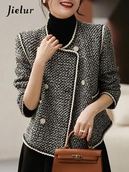 Jielur Французские Элегантные Шикарные женские куртки с карманами на пуговицах, модные простые повседневные двубортные женские куртки контрастного цвета
