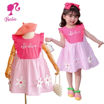 Kawaii Barbie Letter Одежда для девочек Мультфильм Дети Лето 3D Ручная Цветочная вышивка Розовая Клетчатая Милая юбка Мягкий Свободный Топ Подарок