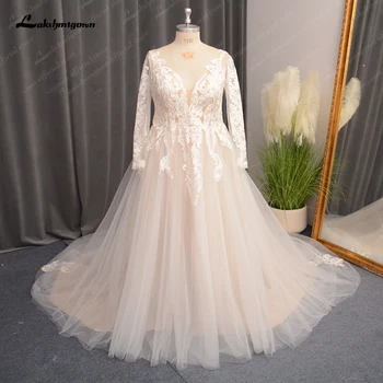 Lakshmigown Плюс Размер Кружевное Свадебное Платье с Длинными Рукавами для Женщин С V-образным вырезом 2024 Robe Mariage Гражданское Свадебное Платье Brautkleid