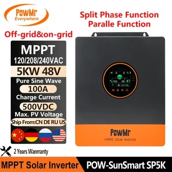 PowMr Автономный/встроенный Гибридный солнечный инвертор мощностью 5 кВт 48 В MPPT 100A 120/208/240 В переменного тока Поддерживает Функцию параллельной и разделенной фазы