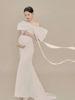 Premama Элегантные Свадебные вечерние платья для беременных Женщин Однотонное Белое Длинное платье С большим бантом Фотосессия для беременных Детский душ