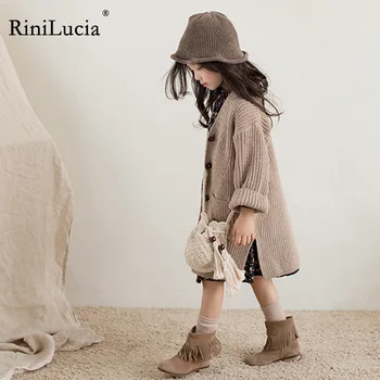 RiniLucia 2023, осенне-зимний свитер для девочек, топы, детская одежда, однотонный кардиган для девочек, вязаный свитер, пальто, детская одежда, куртки
