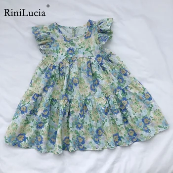 RiniLucia Платье для девочек в корейском стиле 2023 Новое Летнее Платье принцессы с летящим рукавом в цветочек Для девочек Детские Праздничные платья C01