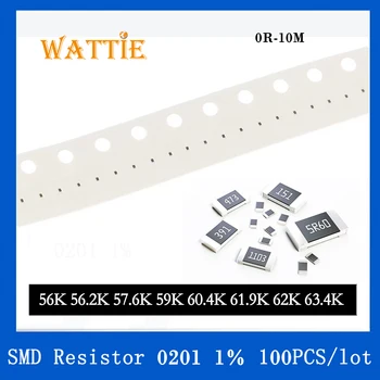 SMD резистор 0201 1% 56K 56.2K 57.6K 59K 60.4K 61.9K 62K 63.4K 100 шт./лот микросхемные резисторы 1/20 Вт 0.6 мм * 0.3 мм
