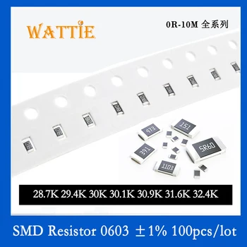 SMD резистор 0603 1% 28,7K 29,4K 30K 30,1K 30,9K 31,6K 32,4K 100 шт./лот микросхемные резисторы 1/10 Вт 1,6 мм *0,8 мм