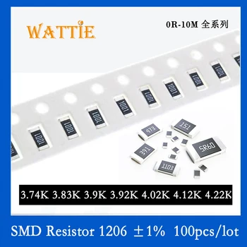 SMD резистор 1206 1% 3,74K 3,83K 3,9K 3,92K 4,02K 4,12K 4,22K 100 шт./лот микросхемные резисторы 1/4 Вт 3,2 мм* 1,6 мм