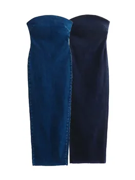TRAF 2023 летние новые женские модные узкие джинсы, юбка средней длины, ретро платье без рукавов с открытой молнией сзади