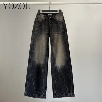 [YOZOU] Роскошный Винтажный Чистый крой, Черные мешковатые Широкие джинсовые штаны, Джинсовые брюки с высокой талией, Женская уличная одежда в Корейском стиле