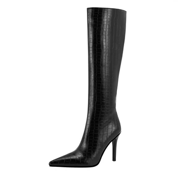 (YYDD) Осень-зима, Элегантные женские ботинки на очень тонком высоком каблуке с острым носком и узором 