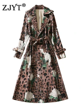 ZJYT/ Осенне-зимний Длинный женский тренч из кожи с леопардовым принтом 2023, Элегантная ветровка, винтажная куртка, повседневная верхняя одежда