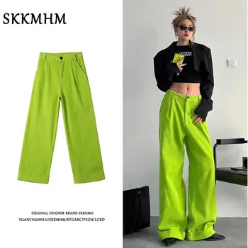 Американские флуоресцентные бархатные брюки с зеленой сердцевиной и широким подолом, прямые брюки для женщин, летний новый стиль, ins, свободные брюки с шваброй