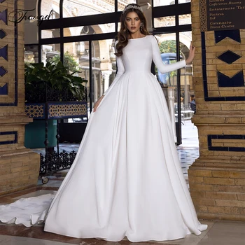 Атласные Мусульманские свадебные платья трапециевидной формы Traugel, Элегантное Шикарное платье невесты с длинным рукавом и пуговицами, свадебное платье со шлейфом в часовне, плюс Размер