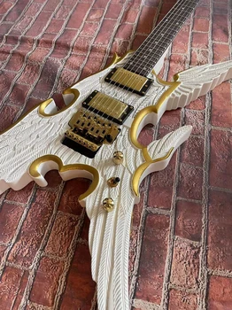 Белая крылатая гитара, высококачественный звукосниматель, модная электрогитара, в наличии, ультранизкая цена
