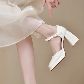 Белые женские туфли Mary Jane на толстом каблуке с квадратным носком и бабочкой, женские вечерние туфли-лодочки на платформе из искусственной кожи на высоком каблуке