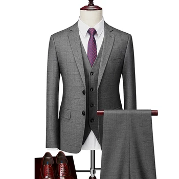 Блейзеры, куртка, брюки, жилет / 2023 Модный Новый мужской повседневный бутик, деловой костюм в британскую клетку и полоску, пальто, брюки, жилет