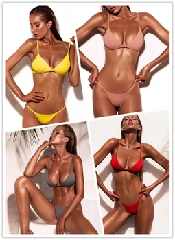 Бразильский купальник, Женский сексуальный комплект бикини, бюстгальтер с подкладкой Пуш-ап, Стринги, купальники-двойки, пляжная одежда, женский купальник