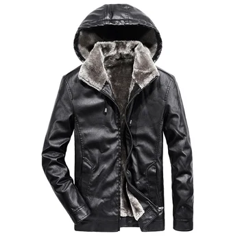 Брендовая зимняя кожаная куртка мужская из искусственного толстого теплого флиса PU мотоциклетное пальто с капюшоном jaqueta de couro