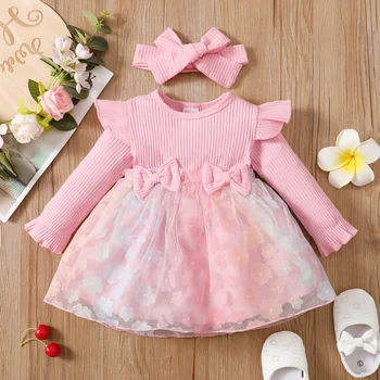 Весенне-осеннее сетчатое платье для новорожденной девочки 0-2 лет, розовое платье с круглым вырезом и длинными рукавами, сшитое из сетчатых лепестков градиентного цвета