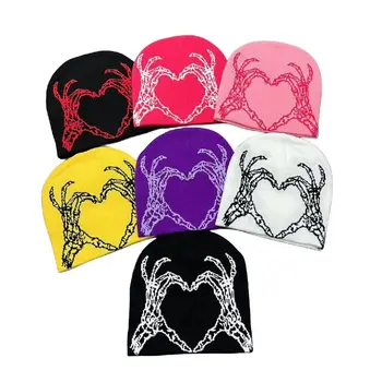 Винтажные вязаные шапочки Y2k для мужчин и женщин, качественная эластичная кепка с сердечками, теплые модные шапочки с черепом 