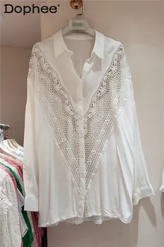 Высококачественная Белая Кружевная Рубашка Топ 2023 Лето Новый Вышитый Полый Дизайн Модные Женские Туфли В Корейском Стиле Свободные Негабаритные Blusas Mujer