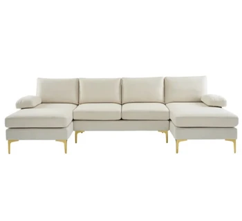 Высококачественный 4 Местный секционный диван из синели с 2 шезлонгами UОбразной формы бежевого цвета
