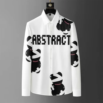 Высококлассный тренд, футболка с надписью big white bear и бриллиантами, мужская рубашка с длинными рукавами, осень 2023, новая модная повседневная рубашка большого размера