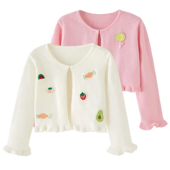 Вязаный кардиган для маленьких девочек с длинным рукавом, осенний свитер принцессы с цветочной вышивкой и фруктами, вязаная куртка для девочек, детская одежда