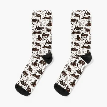 Гуашевые носки с черными Кошками и кофе, забавные носки для мужчин, роскошные носки, мужские носки, новинка в мужских носках