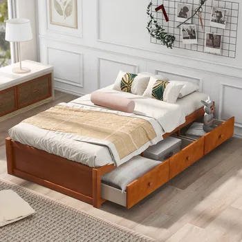 Двуспальная кровать-платформа для хранения вещей с 3 выдвижными ящиками, современная и винтажная кровать высокого качества, подходящая для спальни девочек и мальчиков