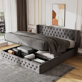 Двуспальная кровать с мягкой обивкой 180 * 200, кровать с гидравлической функцией, грязеотталкивающее дно кровати, черный нетканый материал, серый