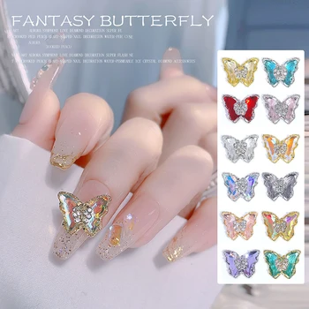 Двухслойный аксессуар для ногтей в виде бабочки, красочный пирсинг в виде трехмерного кристалла бабочки из циркона для украшения ногтей