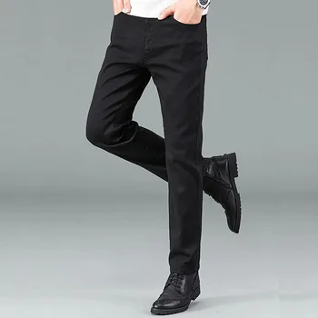 Деловой повседневный Стрейч, приталенный, одноцветное изделие, множество карманов, большие размеры, мужские джинсы, уличная одежда, Классическая мода, Черный, для бега трусцой